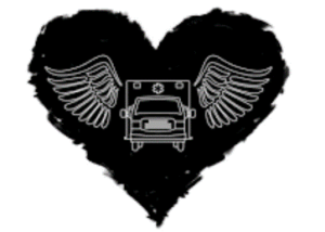 ambulance vehicle with angel wings inside a black heart.
