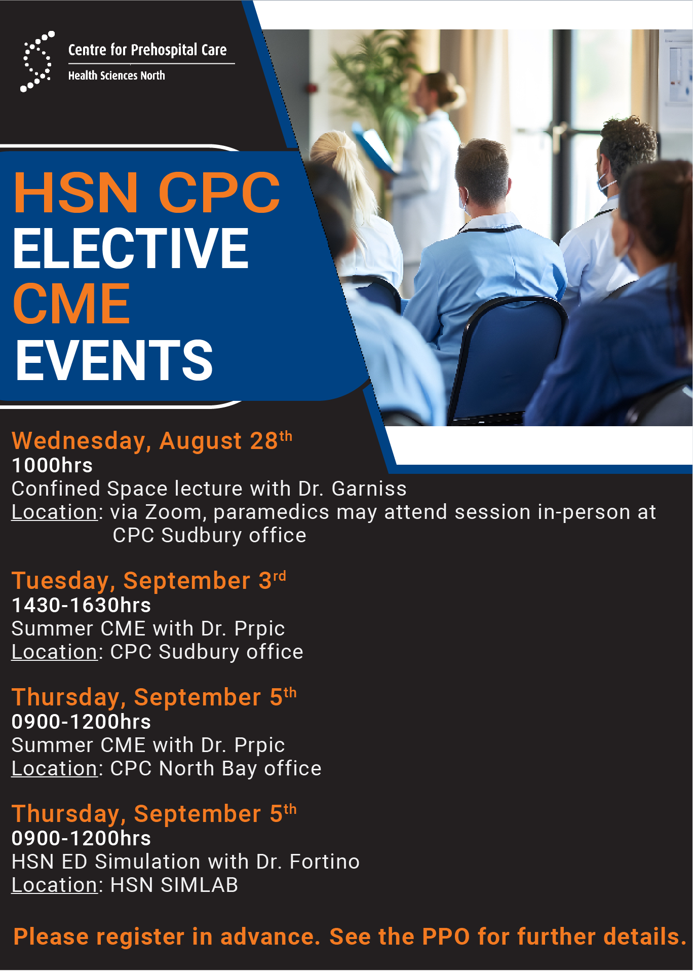 HSN CPC Elective CME events outline of events occurring in August and September 2024. Poster outlines the topics and locations of each event.